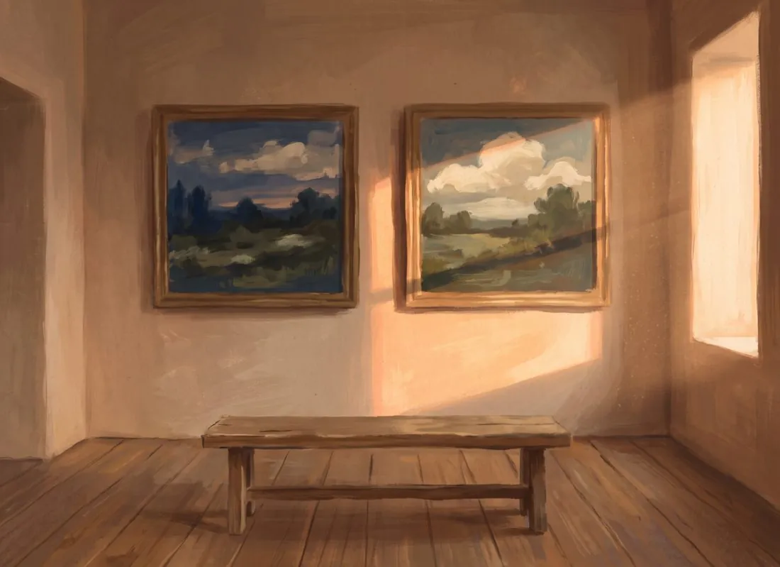 Two framed paintings on a gallery wall, one lit by a shaft of sunlight